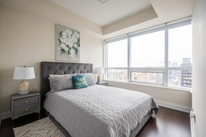 1 bedroom, desk, iron/ironing board, travel cot