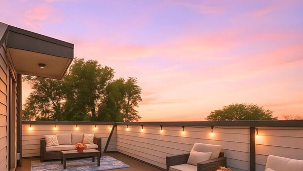 Una terraza al aire libre con mobiliario de mimbre y luces colgantes.