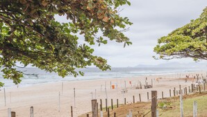 Une plage avec un rivage sablonneux, une clôture en bois et des arbres au premier plan.