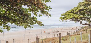 A beach with a sandy shore, a wooden fence, and a tree in the foreground.