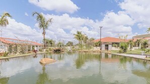 Un patio tranquilo con una fuente central, rodeado de palmeras y edificios con techos de tejas rojas.