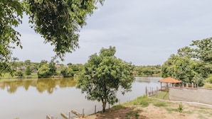 Une vue paisible sur le lac, avec un belvédère et une promenade bordée d’une clôture.