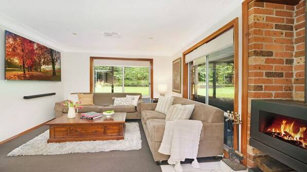 Televisión, chimenea, estéreo