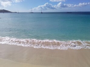 On the beach, sun-loungers, beach towels