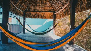 A hammock under a thatched roof structure with a view of the beach. - Pacific Paradise (Champerico)