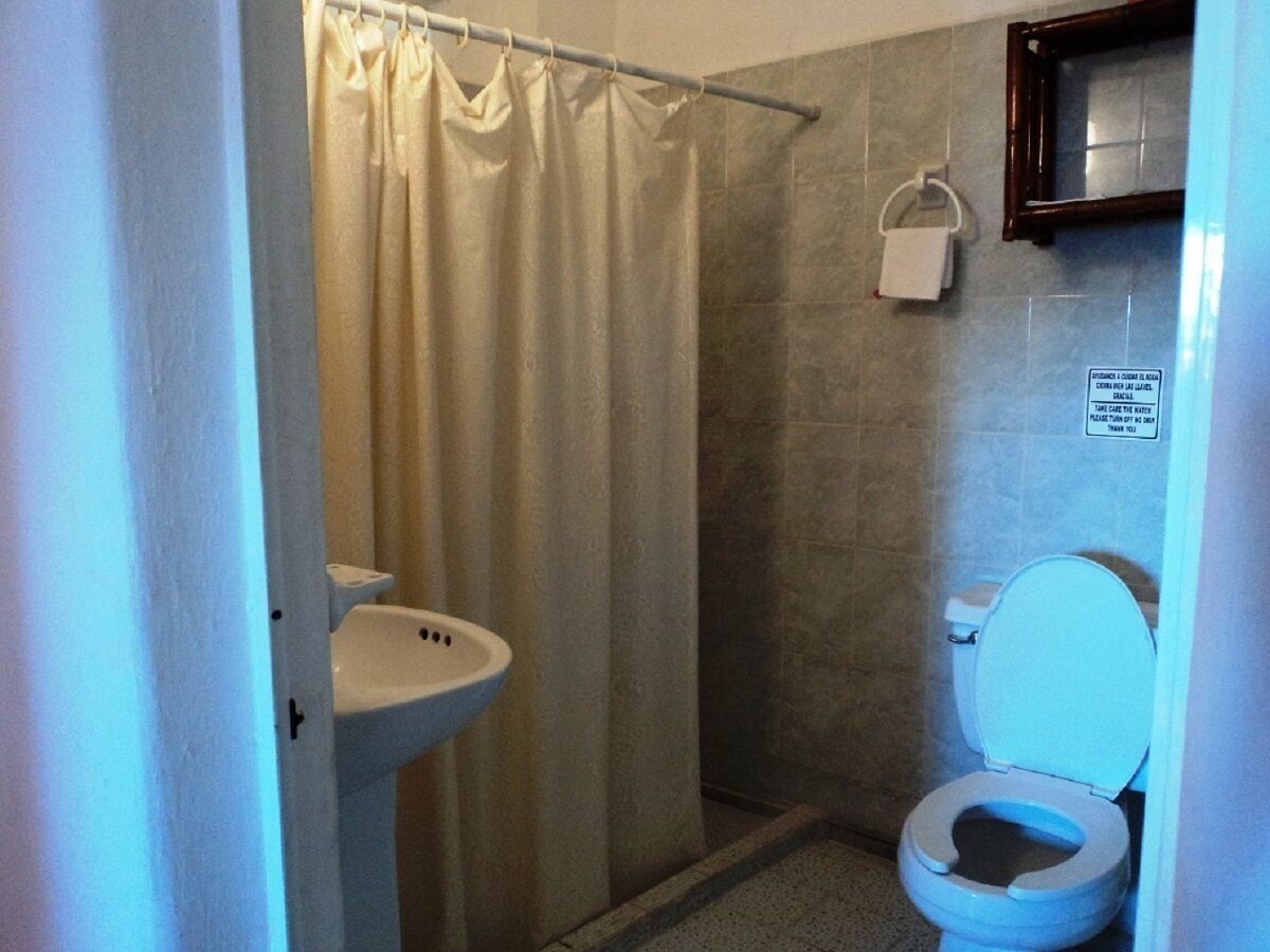 A small bathroom with a shower curtain, a sink, and a toilet.