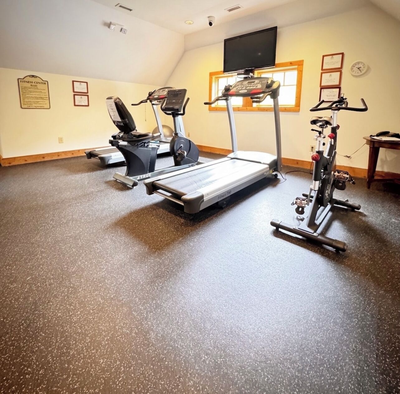 A fitness center with treadmills, a stationary bike, and a rowing machine.