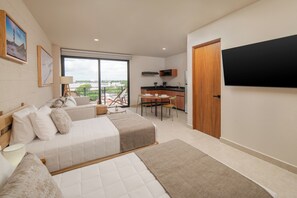 1 bedroom, premium bedding, blackout drapes, iron/ironing board