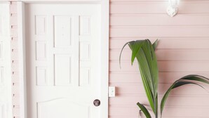 Une porte blanche ornée d’un motif géométrique, une plante en pot et un luminaire fixé au mur.