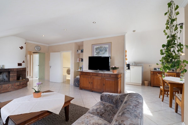 A living room with a fireplace, a television, a sofa, and a dining area with a table and chairs.