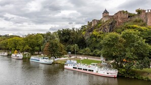 Un río con barcos, un castillo y abundante vegetación.