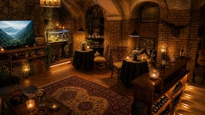 Un área de bar acogedora con televisión, muebles de madera y una pared de ladrillo.