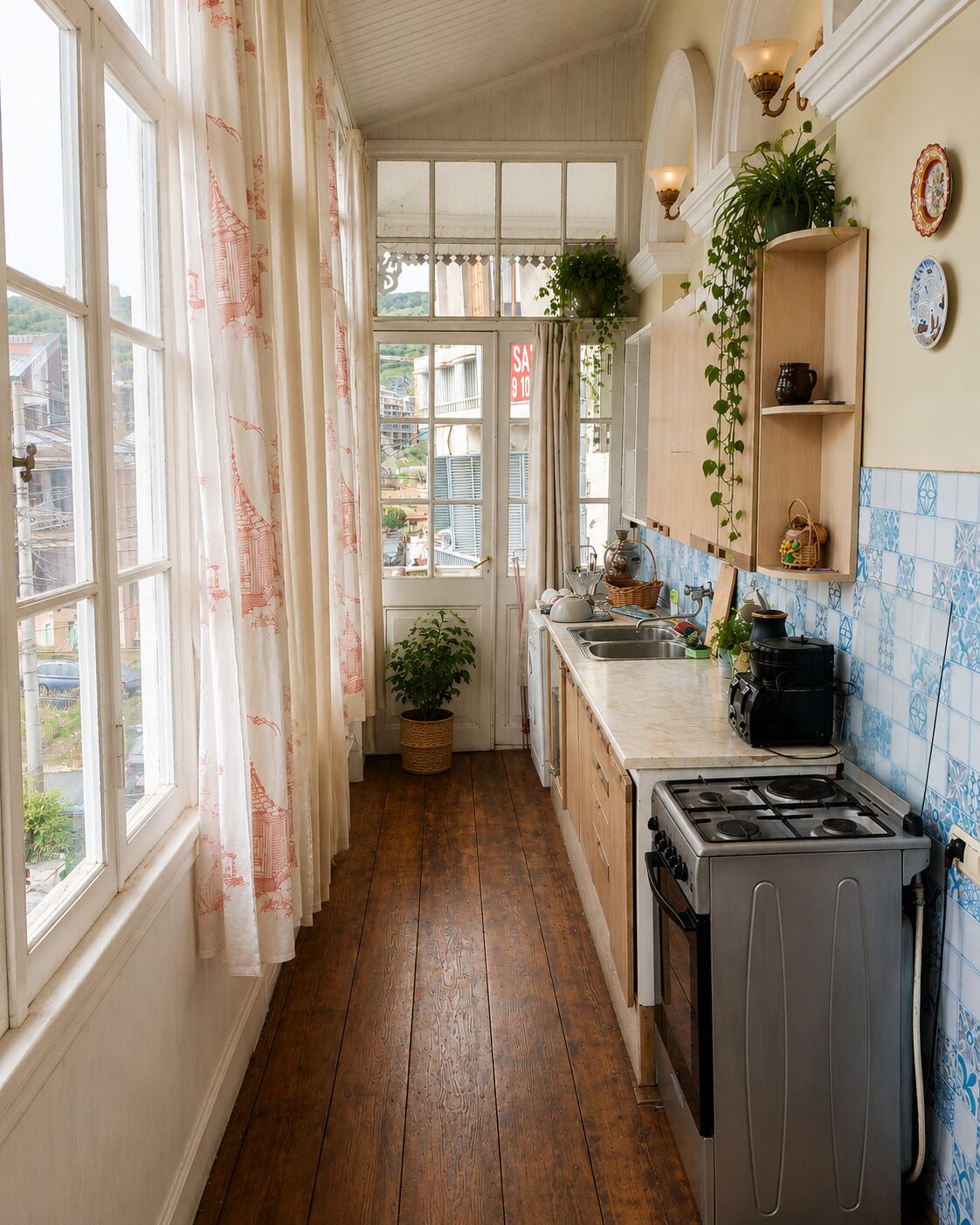 A kitchen with wooden flooring, a stove, a sink, and a window with curtains.
