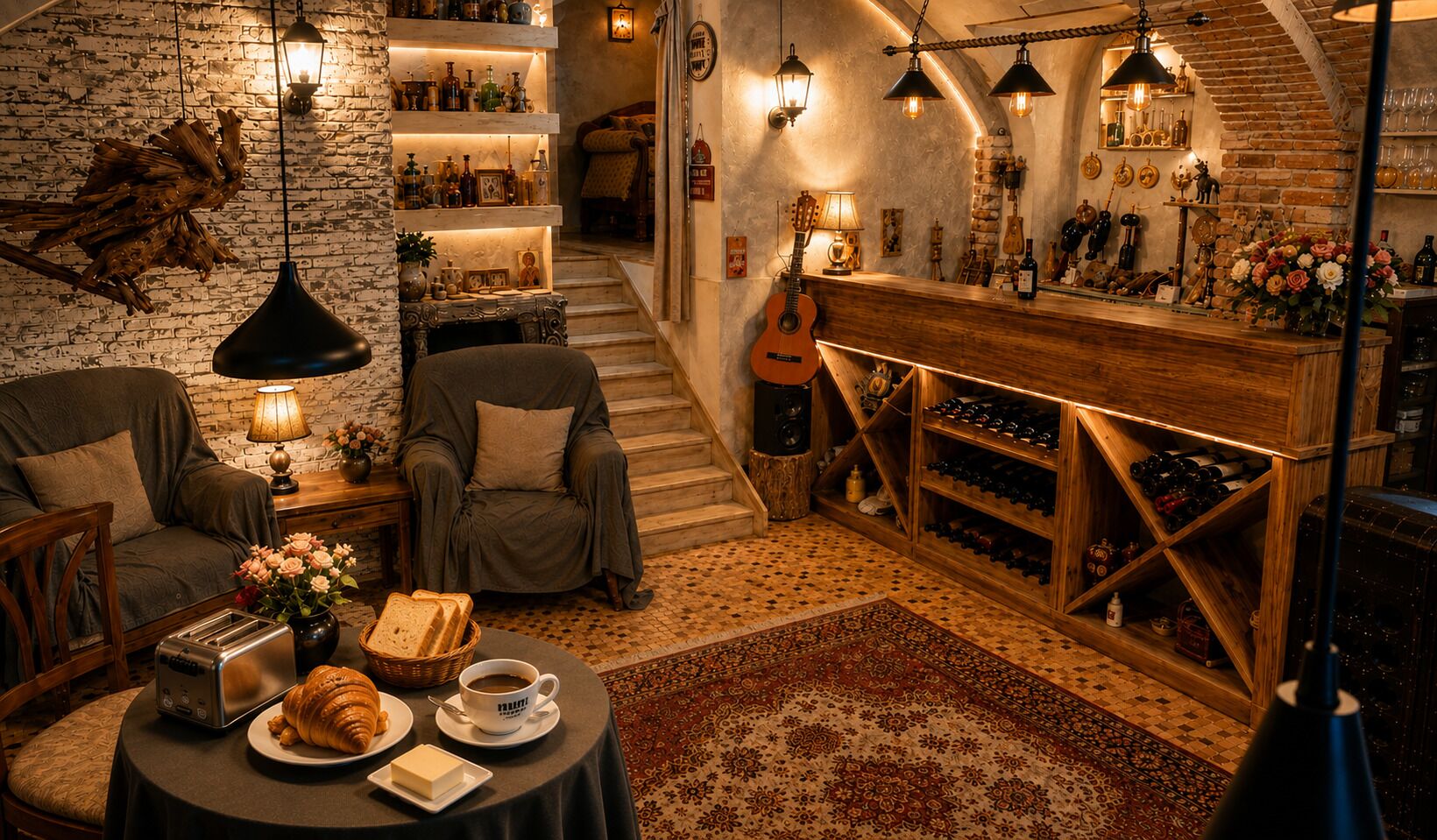 A cozy interior with a bar area, wooden shelves with bottles, a guitar, and a staircase leading upstairs.