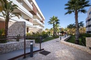 Un bâtiment moderne avec une façade en pierre, un chemin piétonnier pavé et des palmiers.
