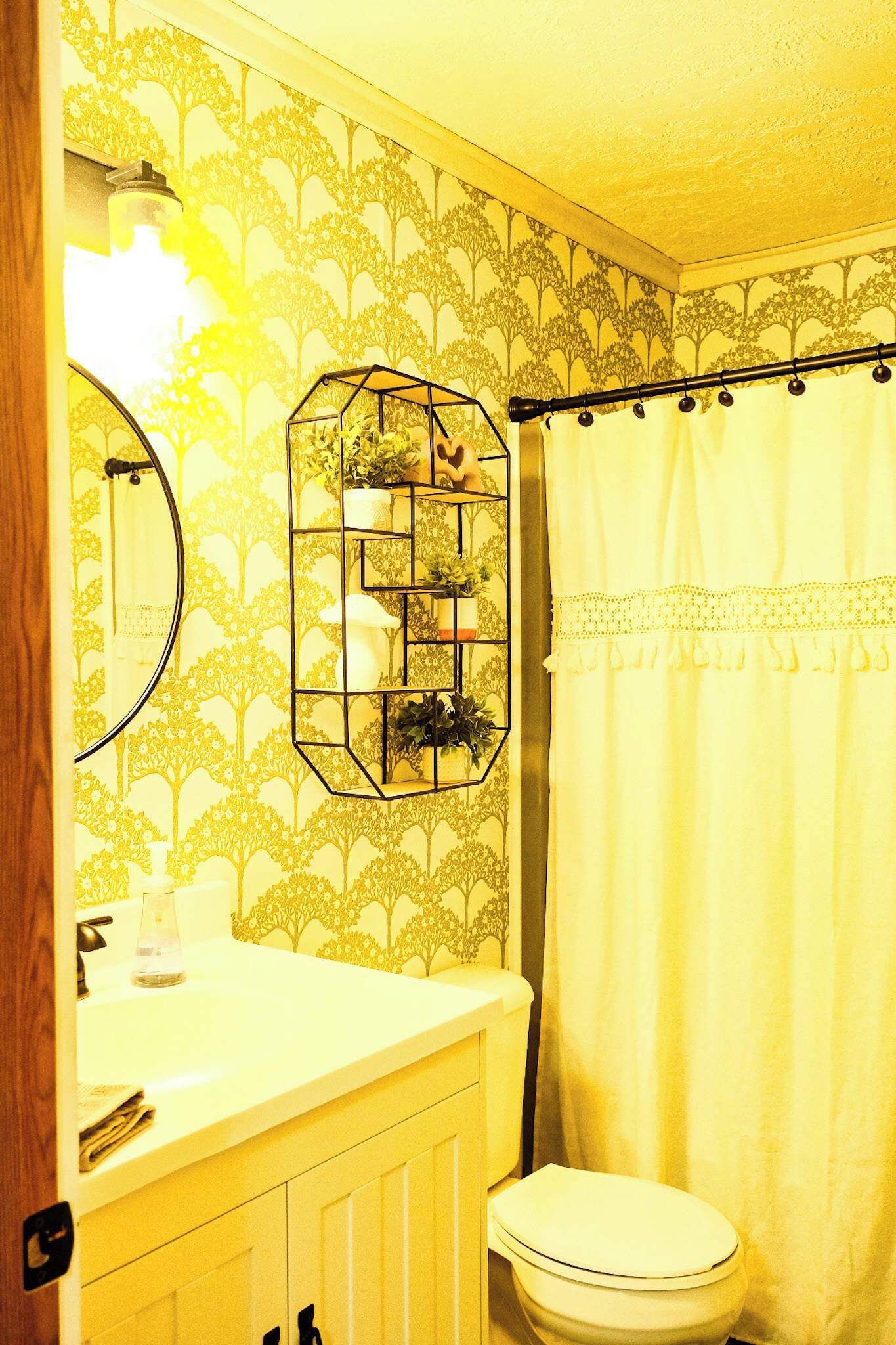 A bathroom with a toilet, a sink with a mirror, a shower curtain, and a wall-mounted shelf with plants.