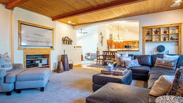 Smart TV, fireplace, books, stereo
