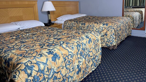 A hotel room with two beds, a nightstand with a lamp, a framed picture on the wall, and a patterned carpet. - WAYFARE MOTEL (Guelph)