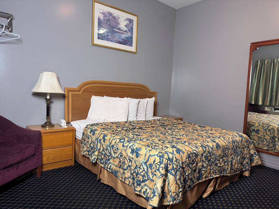 A hotel room with a bed, a nightstand with a lamp, a mirror, a purple chair, and a framed picture on the wall.