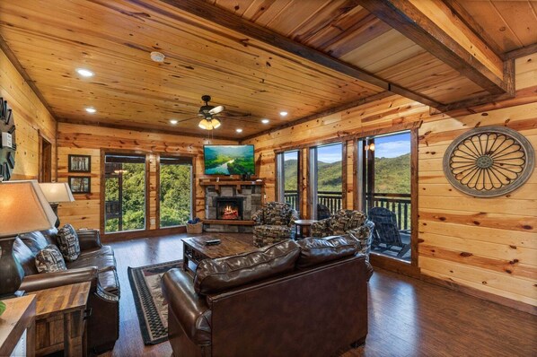 Smart TV, fireplace, video games, video library