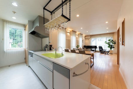 Fridge, microwave, electric kettle, toaster