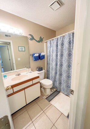 Hair dryer, towels, soap, shampoo