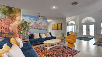 Smart TV, fireplace, books