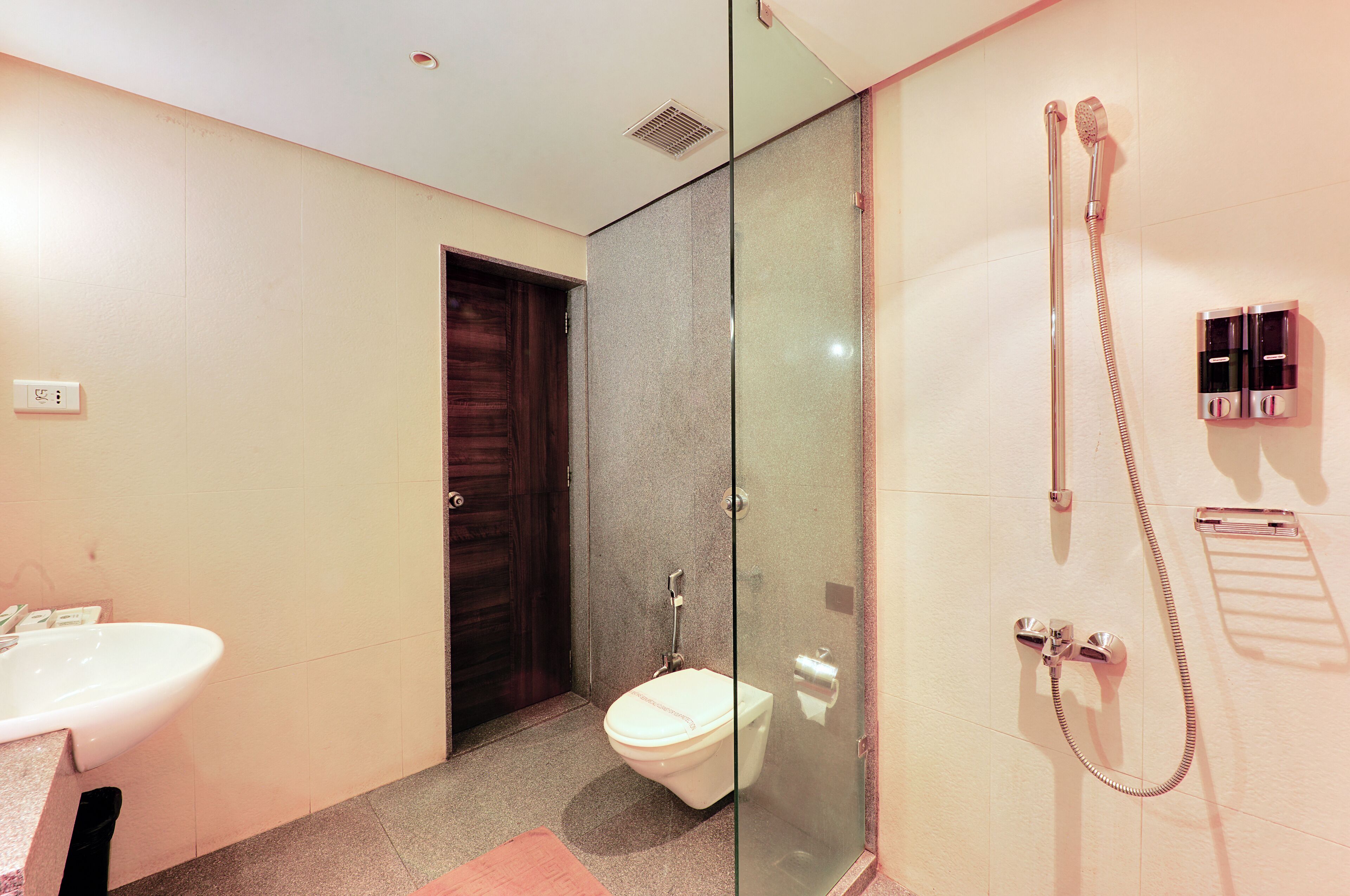 A modern bathroom with a glass shower enclosure, a toilet, and a sink.