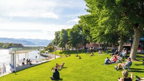 Ein Park am Flussufer mit Menschen, die im Gras entspannen, einem Pavillon und einer Brücke im Hintergrund.