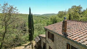 A rustic stone building with a tiled roof, surrounded by lush greenery and hills in the background.