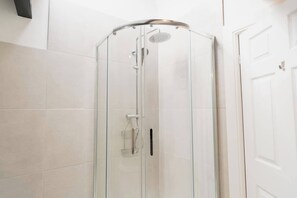 Shower, hair dryer, shampoo