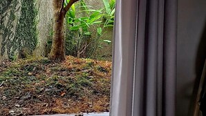 Una bañera con vistas a un jardín a través de una ventana.