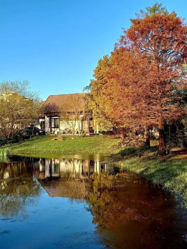 A traditional building with a tiled roof, surrounded by a pond and autumn-colored trees. - ten sense (Sanxing)