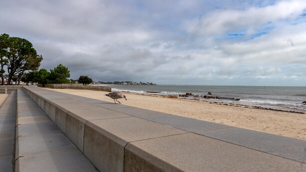 Ein Strand mit einer Betonpromenade, Blick auf den Ozean und einer fernen felsigen Küste.