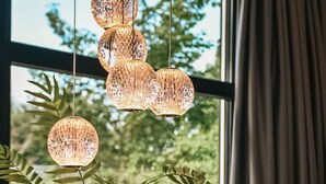 A modern interior with a large window, a hanging woven light fixture, and a plant in a vase on a table.