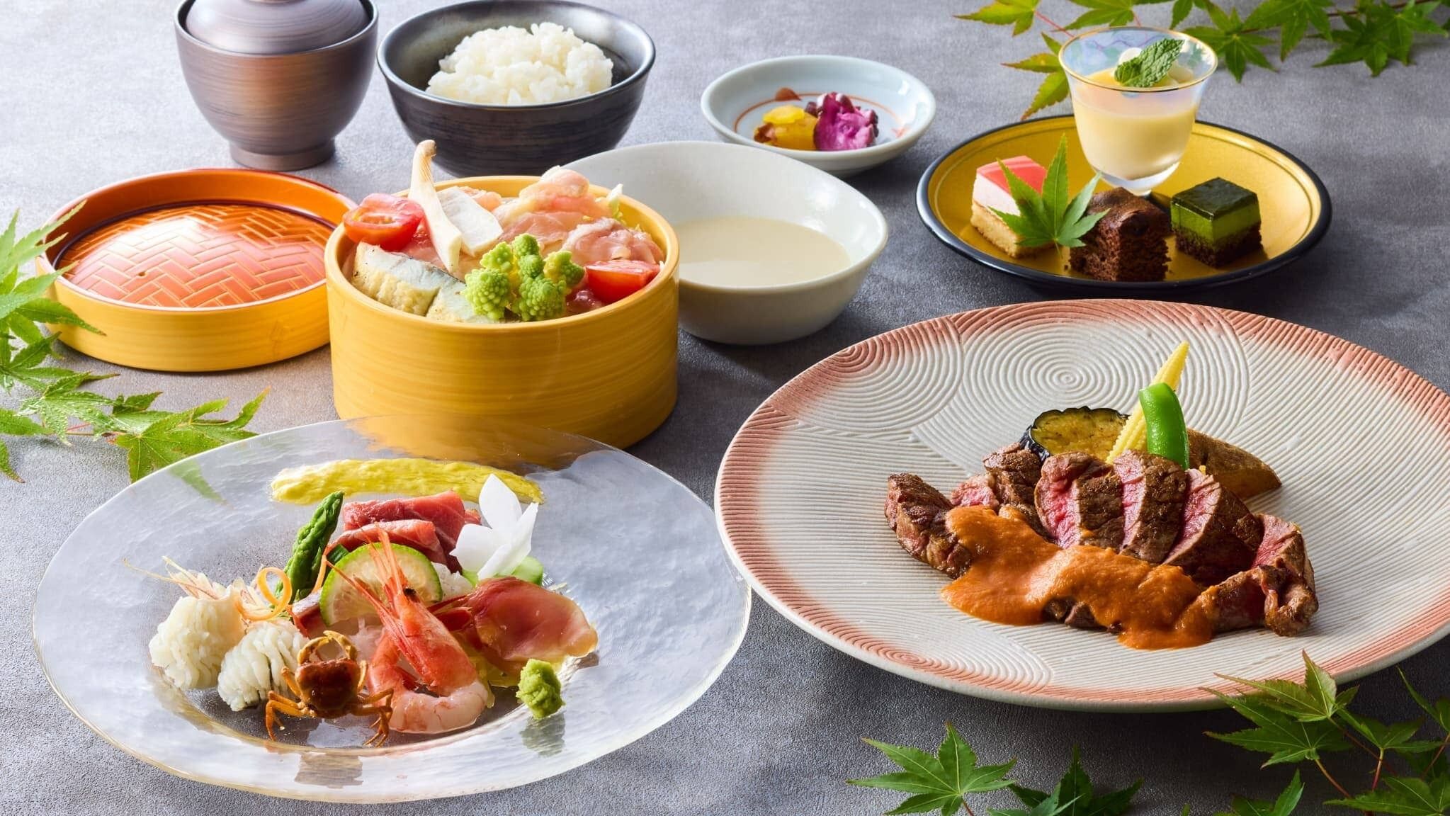 Diverse gerechten, waaronder sashimi, gegrild vlees en een dessertdrankje, wat wijst op een Japanse eetervaring.