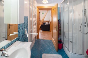 Shower, hair dryer, towels