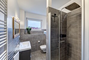 Shower, hair dryer, towels
