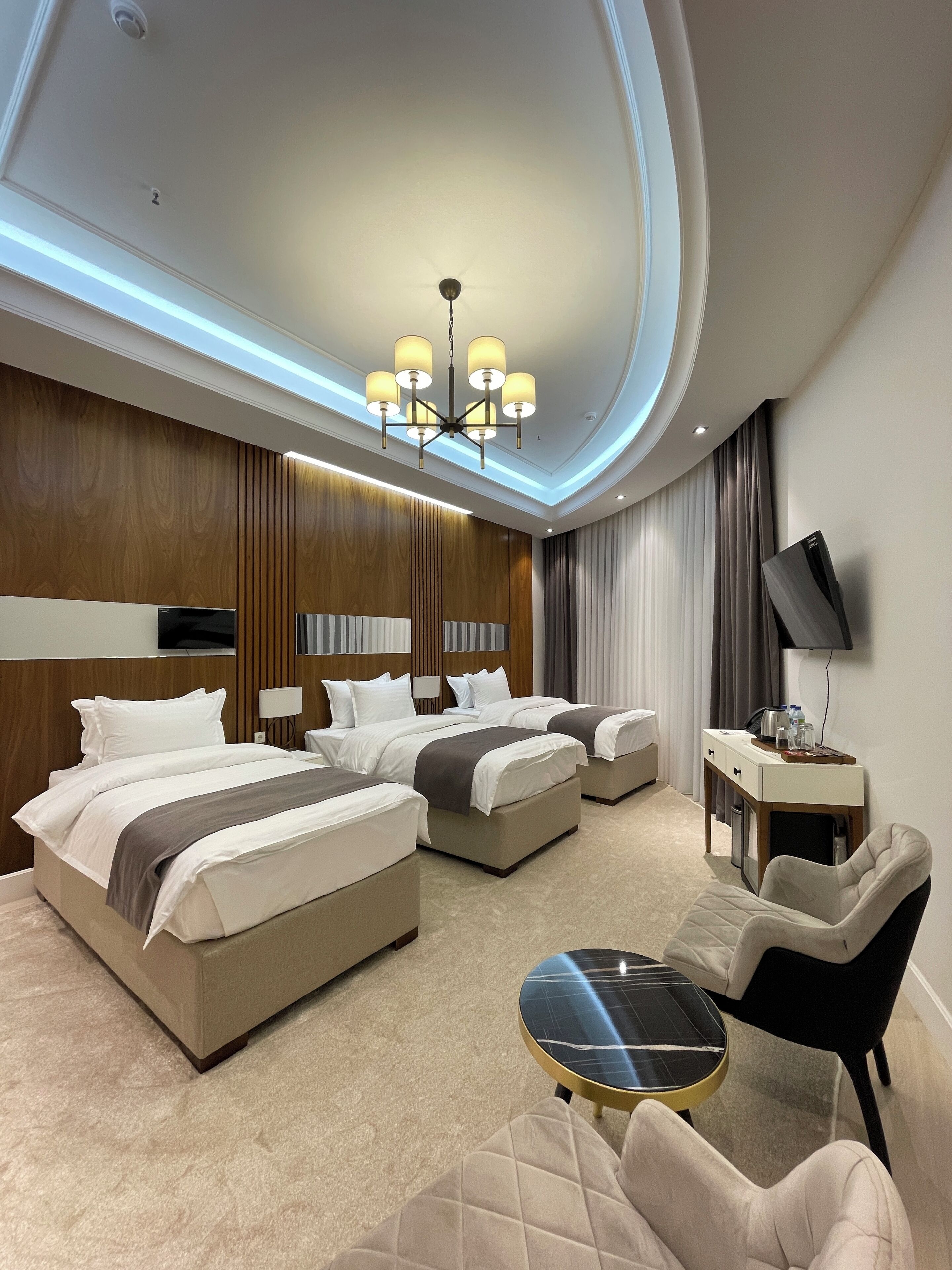 Une chambre d’hôtel moderne équipée de deux lits, d’un bureau, d’une chaise et d’une télévision.