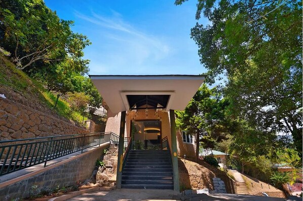 A staircase leading to a covered entrance with a stone wall on one side and trees on the other. - The Violet Thekkady (Peermade)