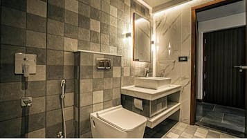 Shower, slippers, soap, shampoo