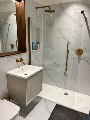 Dusche, Haartrockner, Handtücher, Seife