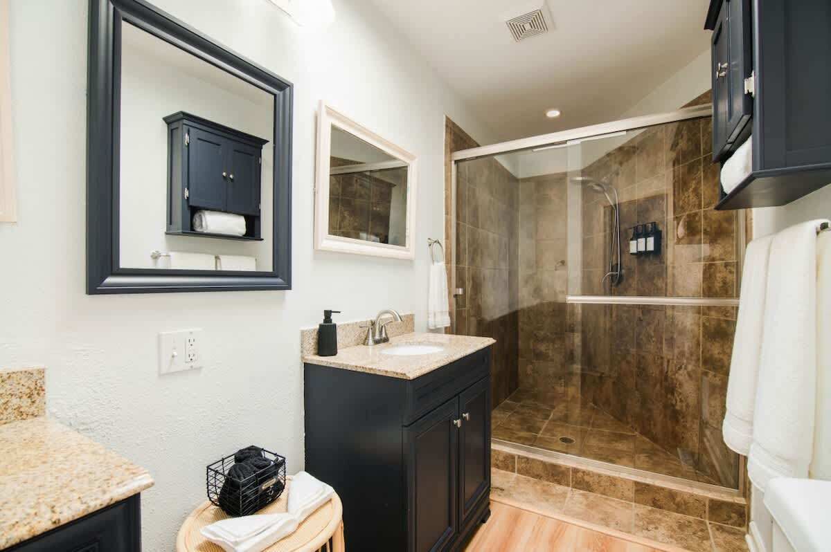 Shower, hair dryer, shampoo