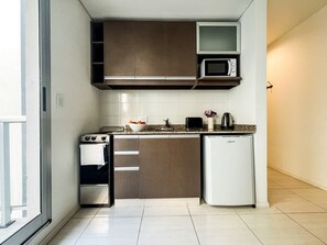 Fridge, microwave, oven, electric kettle