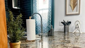 A kitchen with a granite countertop, a stainless steel faucet, a potted plant, a paper towel holder, and a framed artwork on the wall.