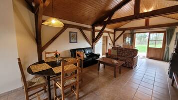 Een open haard, een dvd-speler, een tafeltennistafel en boeken