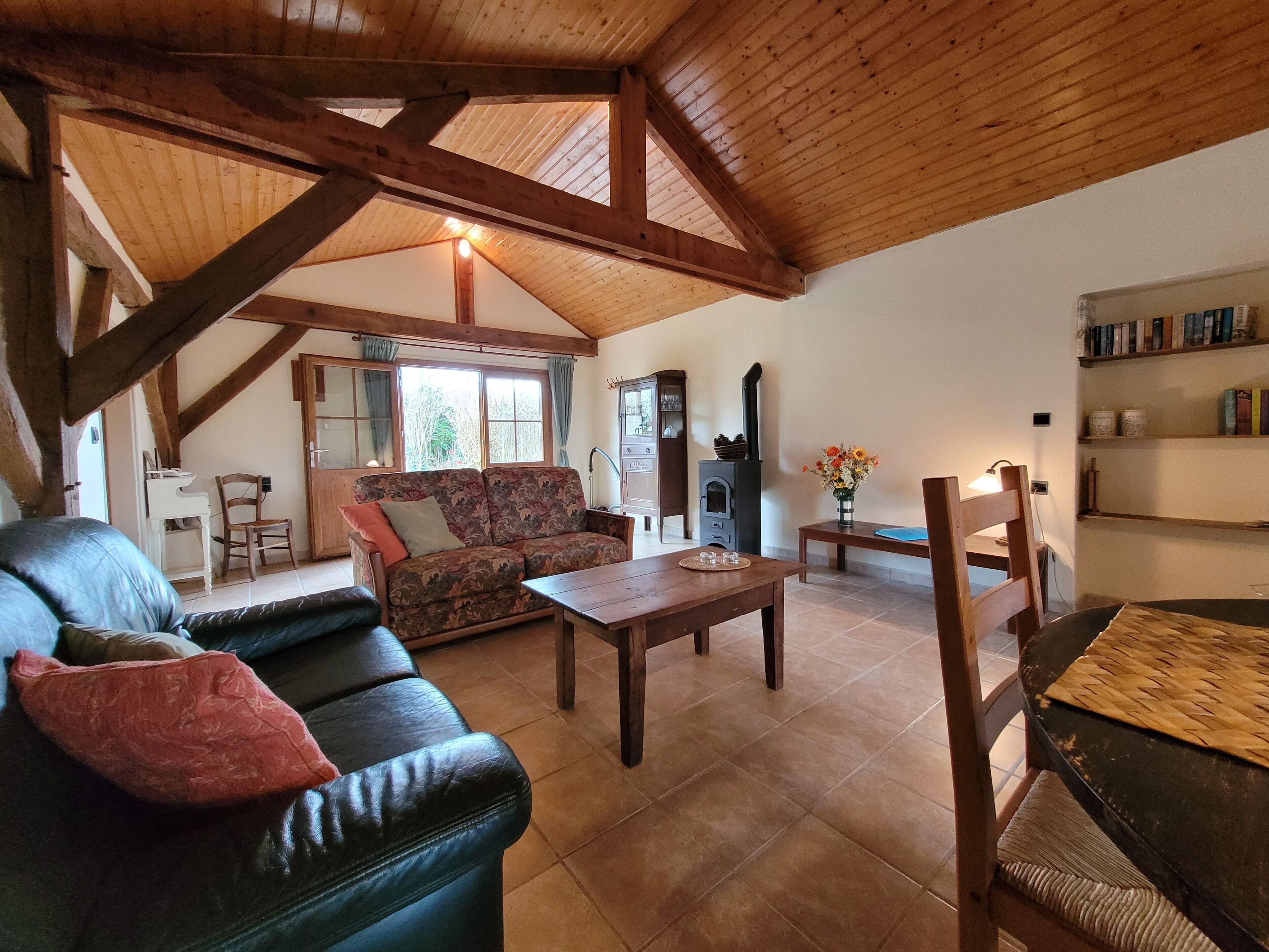 Cheminée, lecteur de DVD, table de tennis de table, livres