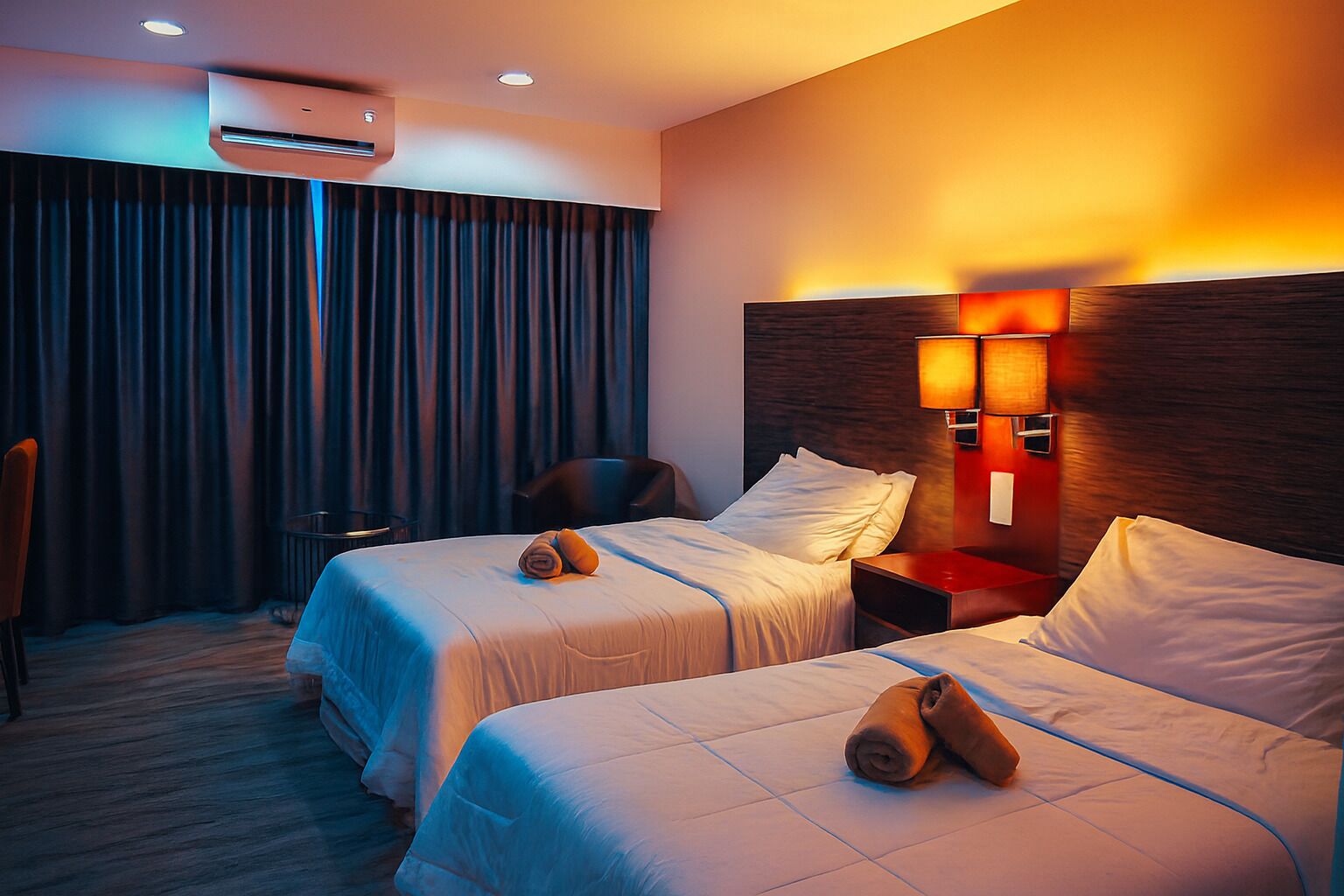 A hotel room with two beds, a desk, a chair, an air conditioning unit, and a wall-mounted lamp.