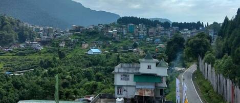 A residential area with houses, a road, and a mountain in the background.