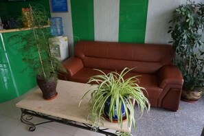Ein Zimmer mit einem braunen Sofa, einem Tisch mit einem Topfplanzen und einer grün-weißen Streifenwand.